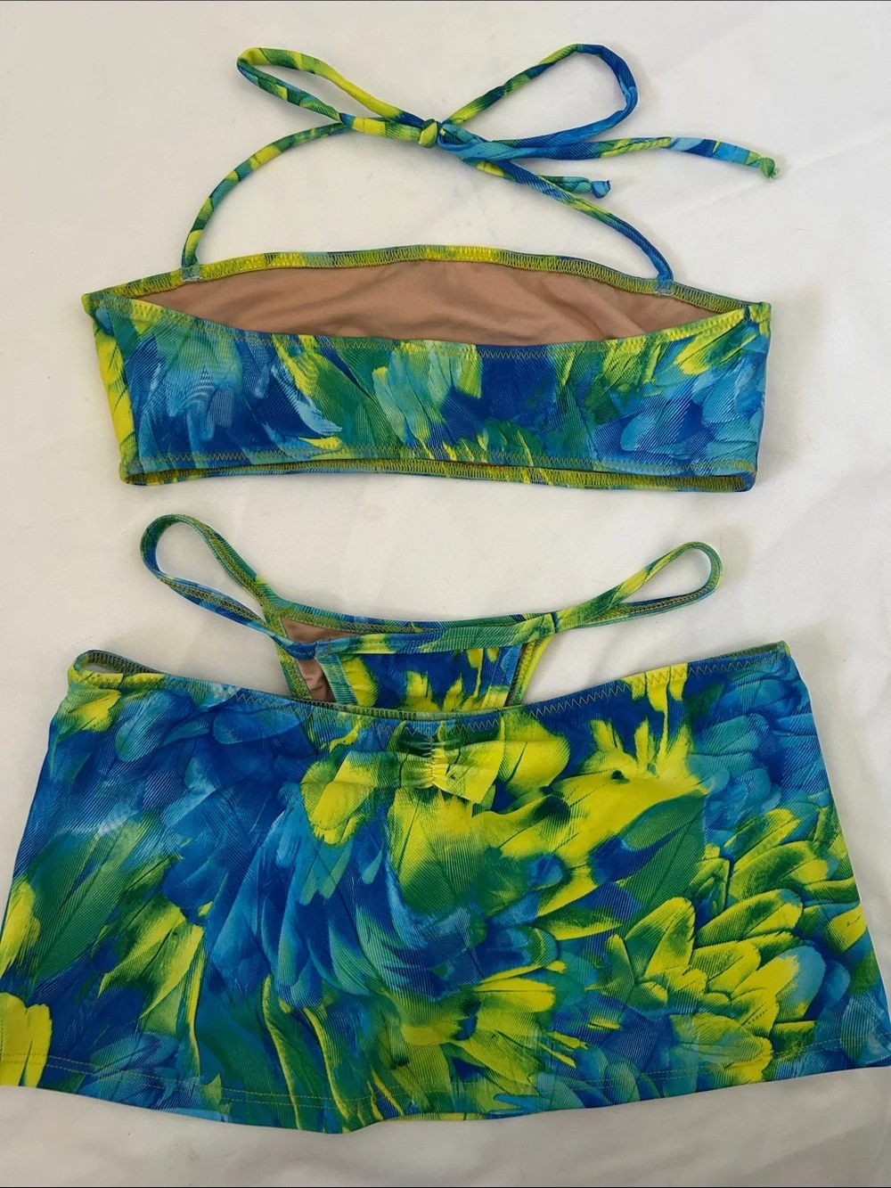 MELISSA SIMONE Enita Bikini Top Kyra Thong Bottom & Skirt in Blue & Green Floral